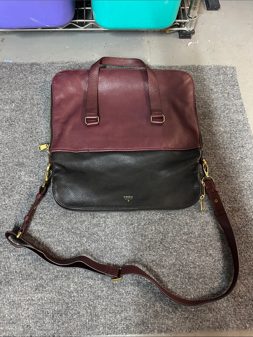 Fossil Two-Tone Leather Messenger Bag in Burgundy & Black